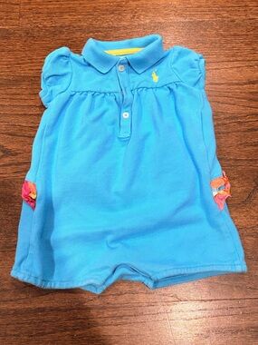 Ralph Lauren Bright Blue Polo Romper with Yellow Logo